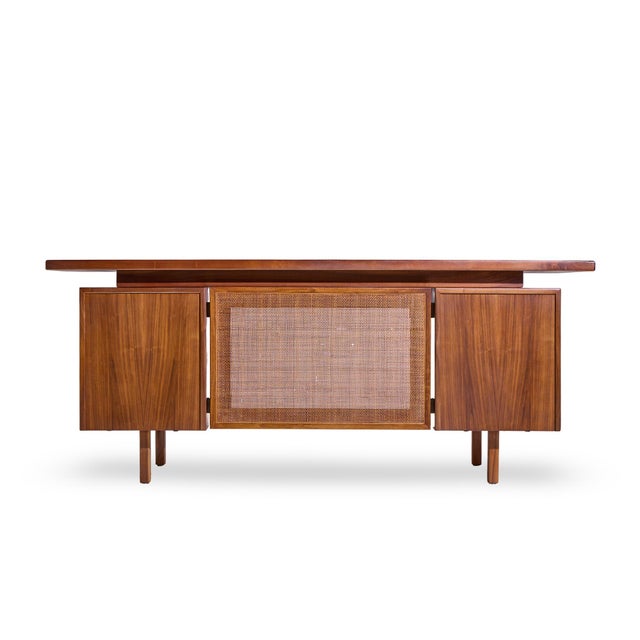 Brown Jens Risom Mid Century Walnut and Cane Executive Desk For Sale - Image 8 of 9