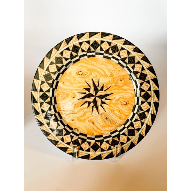 Vintage Emilio Bergamin Taitu Italy Legno Faux Bois Compass Dinner Plates- Set of 8 For Sale - Image 4 of 9