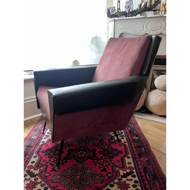 Mid-Century Armchair in Leatherette & Velvet, 1950s For Sale - Image 4 of 11