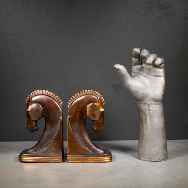 Metal Art Deco Bronze & Copper Plated Trojan Horse Bookends c.1930 For Sale - Image 7 of 7