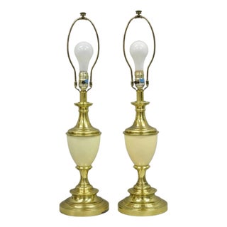 Vintage Stiffel Hollywood Regency Cream Enamel Brass Urn Table Lamps - A Pair For Sale