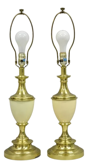 Vintage Stiffel Hollywood Regency Cream Enamel Brass Urn Table Lamps - A Pair