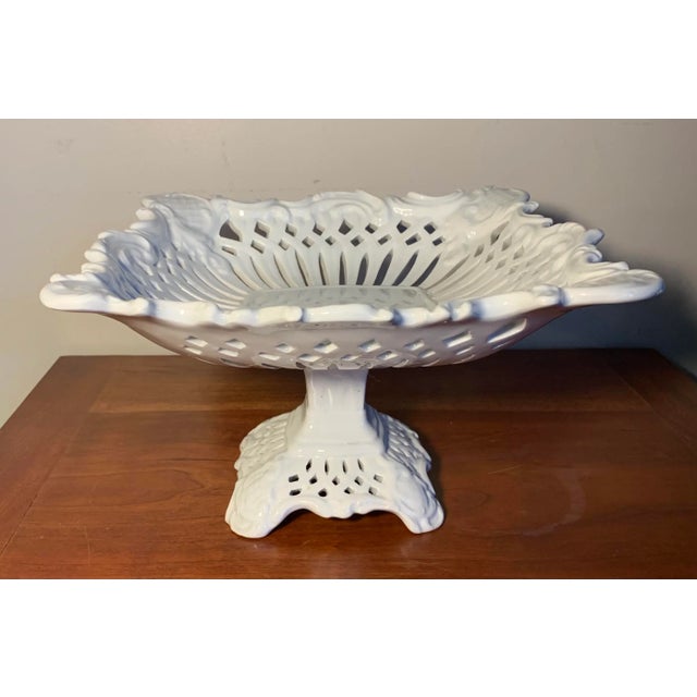 White Vintage Italian Majolica Pottery White Pierced Centerpiece Pedestal Compote For Sale - Image 8 of 8