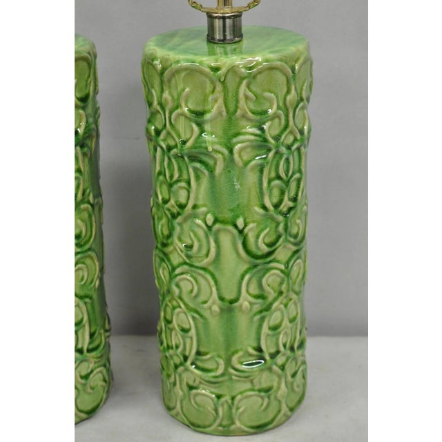 Mid-Century Modern Contemporary Modern Green Glazed Ceramic Scroll Decorated Table Lamps - A Pair For Sale - Image 3 of 12