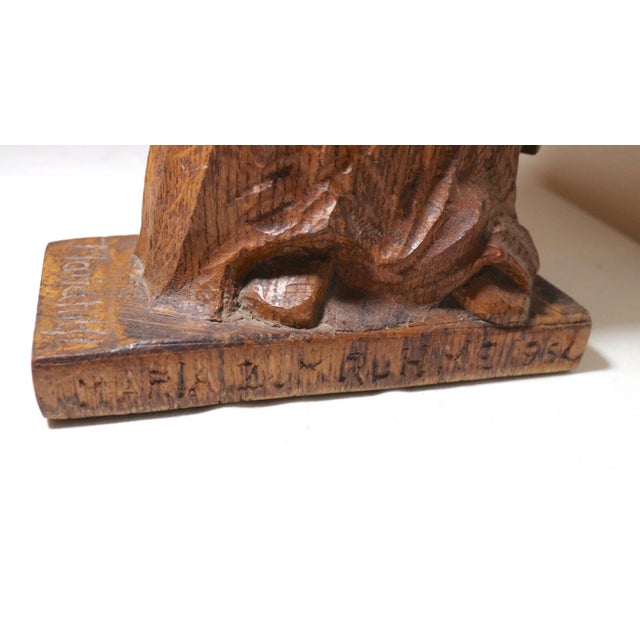 Brown Antique Religious Folk Art Mary Jesus Hand Carved Wood Sculpture Statue Santos For Sale - Image 8 of 12