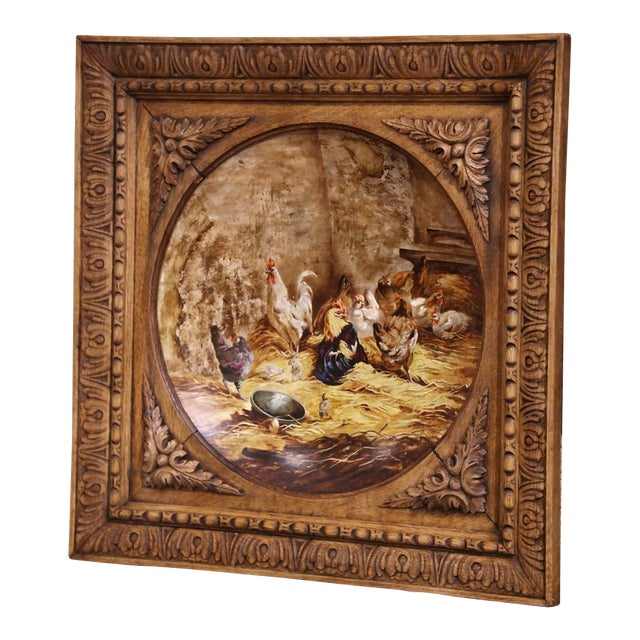 19th French Painted Faience Platter in Carved Oak Frame Signed G. Asselineau For Sale