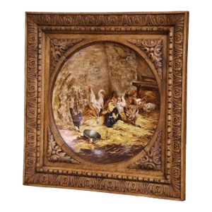 19th French Painted Faience Platter in Carved Oak Frame Signed G. Asselineau