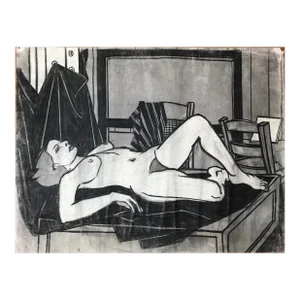 1940s Mid Century Figurative Charcoal Drawing "Lounging Nude"