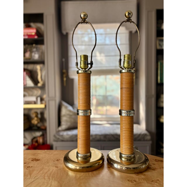 1970s Mid-Century Modern Pencil Reed and Brass Lamps After Gabriella Crespi - a Pair For Sale In Raleigh - Image 6 of 7