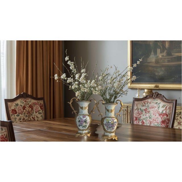 Vintage Ormolu Rococo Ceramic Urns With Floral Motif- A Pair For Sale - Image 9 of 15
