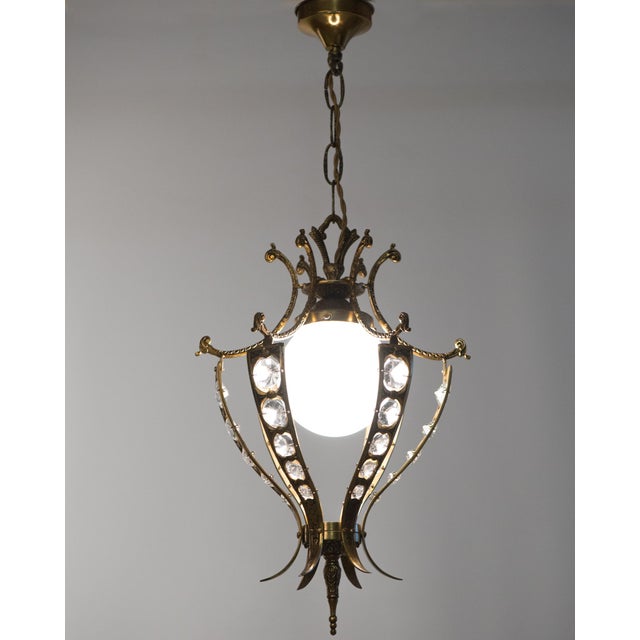 1950s 1950s Brass & Crystal Pendant Light With White Opal Globe Shade For Sale - Image 5 of 12
