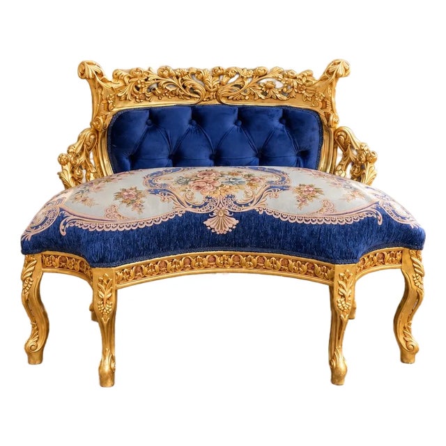 1980s French Artisan Louis XVI Blue Beech Settee For Sale