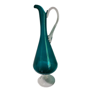 Vintage Elegant Teal Blue Emboli Venetian Glass Liquor Pedestal Decanter