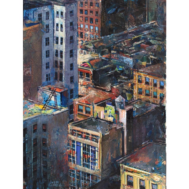 Adventure Campaign by Josh George | Mixed media on wood panel Urban cityscape with buildings. For Sale