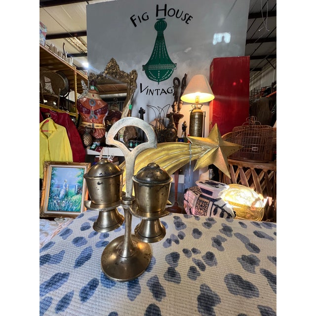 Mid-Century Modern 1970s Pair of Brass Salt and Pepper Shakers on Stand For Sale - Image 3 of 8