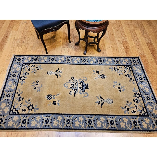 Chinese Vintage Chinese Art Deco Rug, Hand-Knotted Wool, Tan & Blue, 1900s, 4' x 7' For Sale - Image 3 of 14
