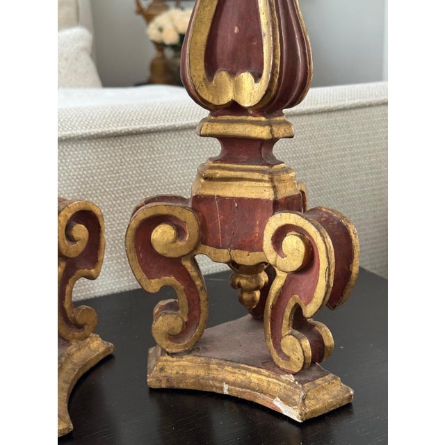 Pair of Antique Italian Giltwood Candlesticks With Red Painted Finish For Sale - Image 4 of 10