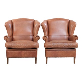 English-Style Cowhide Wing Armchairs, Set of 2 For Sale