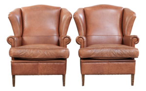 English-Style Cowhide Wing Armchairs, Set of 2