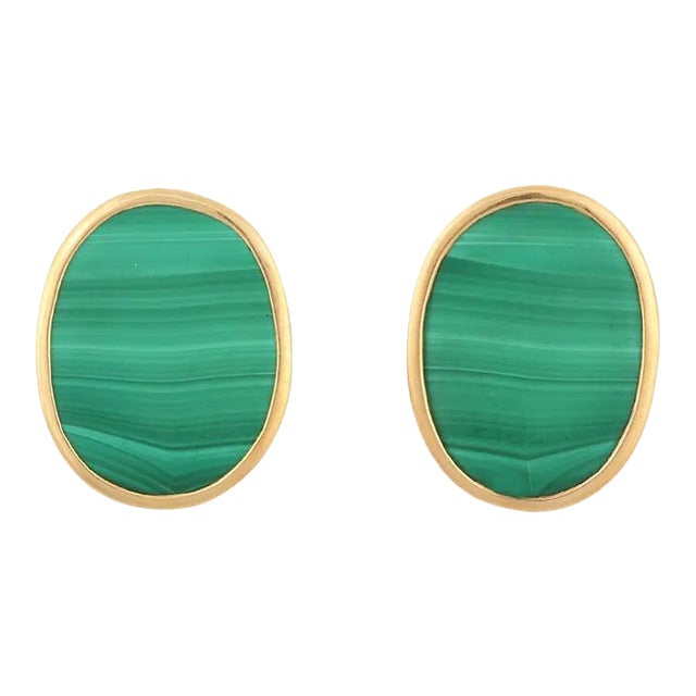 18k Yellow Gold 23.1 Ct Malachite Art Deco Earrings- A Pair For Sale