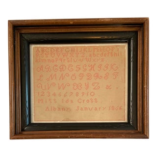Circa 1868 Pink Cross Stitch Sampler, Framed and Signed For Sale