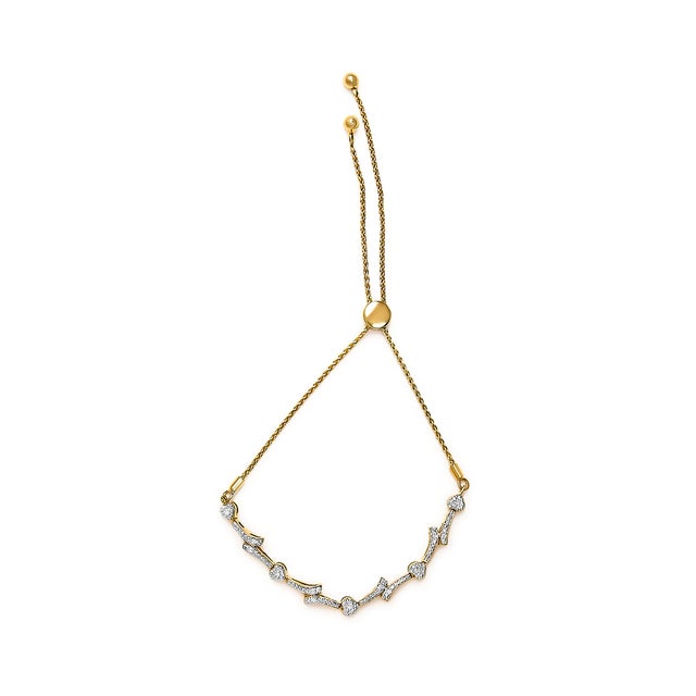 Contemporary 14K Yellow Gold Plated .925 Sterling Silver Diamond Accent Heart and Wave Link Bolo Bracelet (I-J Color, I2-I3 Clarity) - 6" to 9" Adjustable For Sale - Image 3 of 7