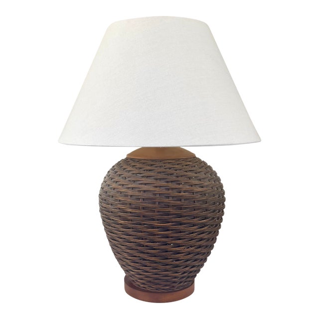 Lauren by Ralph Lauren Rattan and Wood Table Lamp, With Shade For Sale