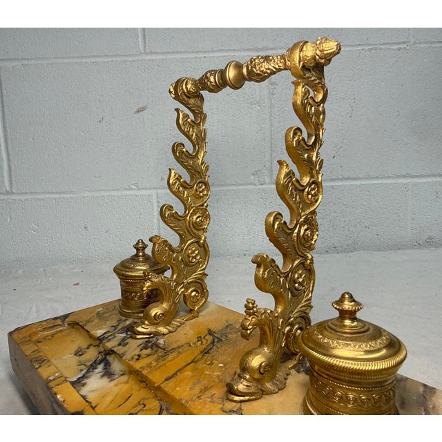 Antique French Siena Marble Bronze Dual Dolphin Empire Statue Desk Inkwell Stand For Sale - Image 4 of 14