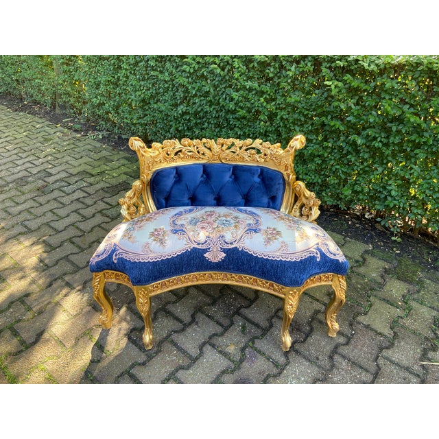 1980s French Louis XVI Blue Gold Beech Velvet Settee For Sale - Image 14 of 14