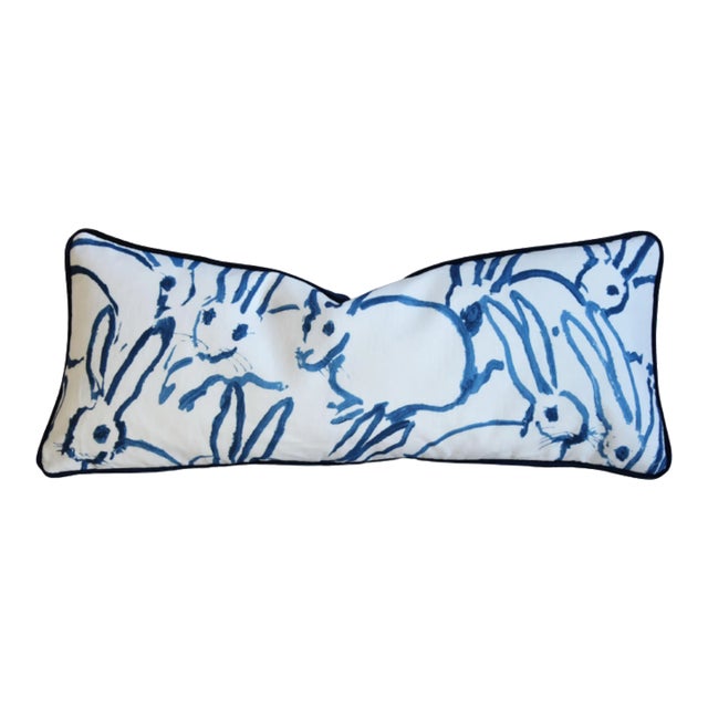 Designer Navy & White Hunt Slonem's Groundworks Bunny Hutch Feather/Down Pillow For Sale