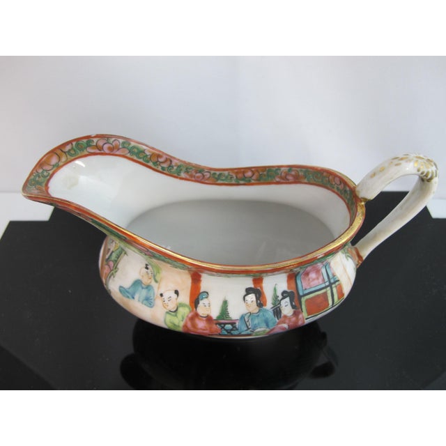 Figurative Antique Chinese Famille Rose Medallion Heavy Porcelain Gravy Boat Saucer Pitcher For Sale - Image 3 of 9