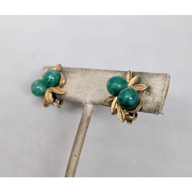 Vintage 1960s Signed Panetta Goldtone Faux-Jade Clip Earrings-2 Pieces For Sale In Philadelphia - Image 6 of 7