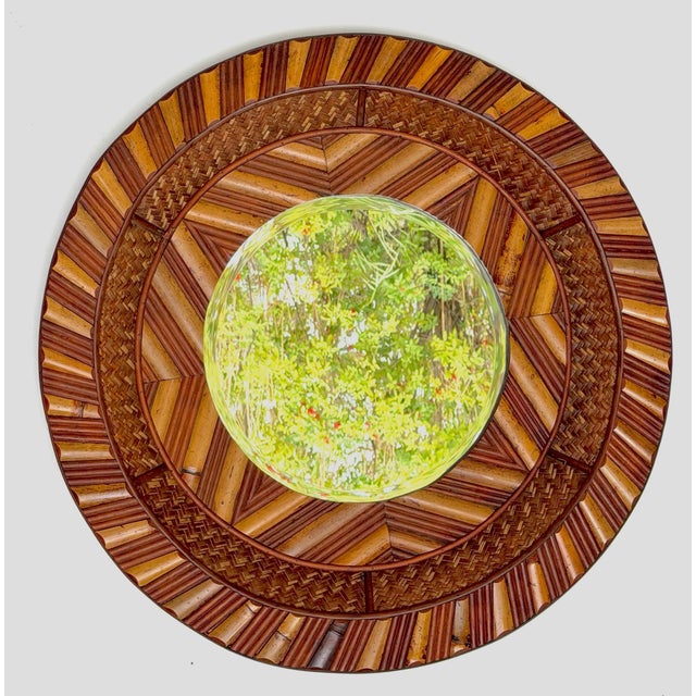 Modernist Bamboo, Rattan & Wood Circular Mirror Late 20th Century This sculptural circular wall mirror exemplifies the...