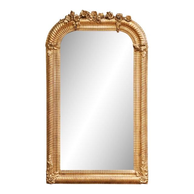 19th Century French Louis Philippe Giltwood Arched Mirror With Floral Crest For Sale