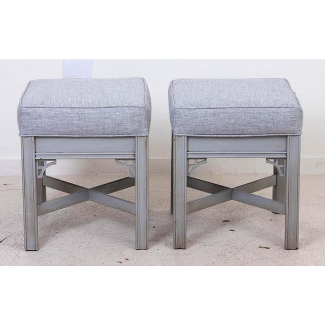 Chippendale Pair of Painted Upholstered Chinese Chippendale Benches For Sale - Image 3 of 8
