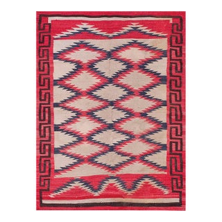 1930s Ivory Red Geoemtric Tribal American Navajo Rug 4'5" X 6'2" Flatweave Wool Carpet For Sale