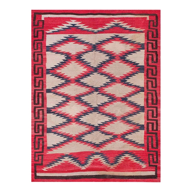 1930s Ivory Red Geoemtric Tribal American Navajo Rug 4'5" X 6'2" Flatweave Wool Carpet For Sale