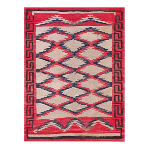 1930s Ivory Red Geoemtric Tribal American Navajo Rug 4'5" X 6'2" Flatweave Wool Carpet