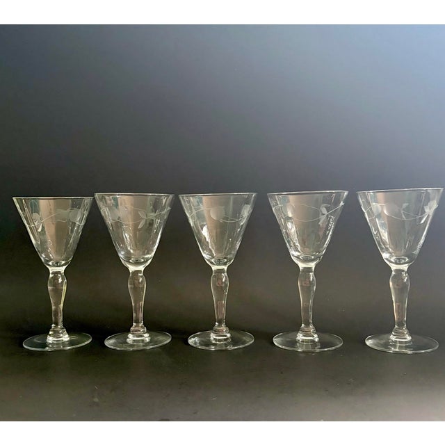 Glass Vintage Etched Cordial Glasses – Set of 5 | Elegant Stemware With Floral Etched Design For Sale - Image 7 of 8