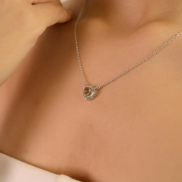 Sterling Silver Heart Shaped Green Amethyst Dainty Pendant Necklace in Bezel Set For Sale - Image 4 of 13