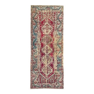 Antique Turkish Floral Runner 5x11 | Faded Red & Light Blue For Sale