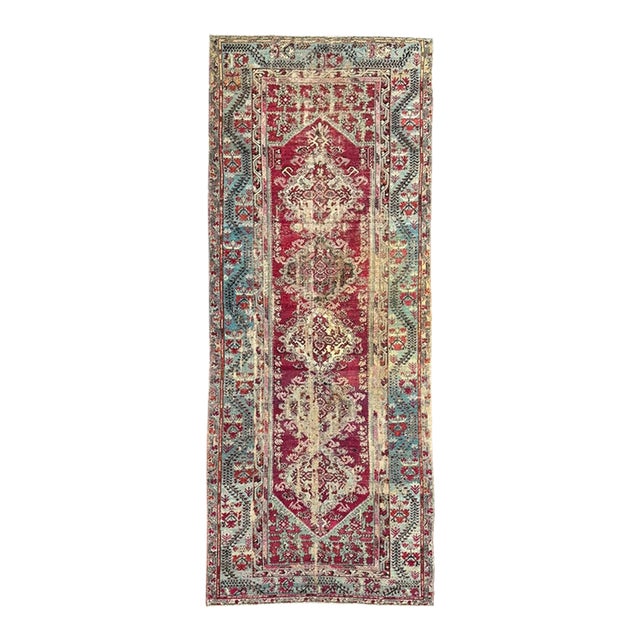 Antique Turkish Floral Runner 5x11 | Faded Red & Light Blue For Sale