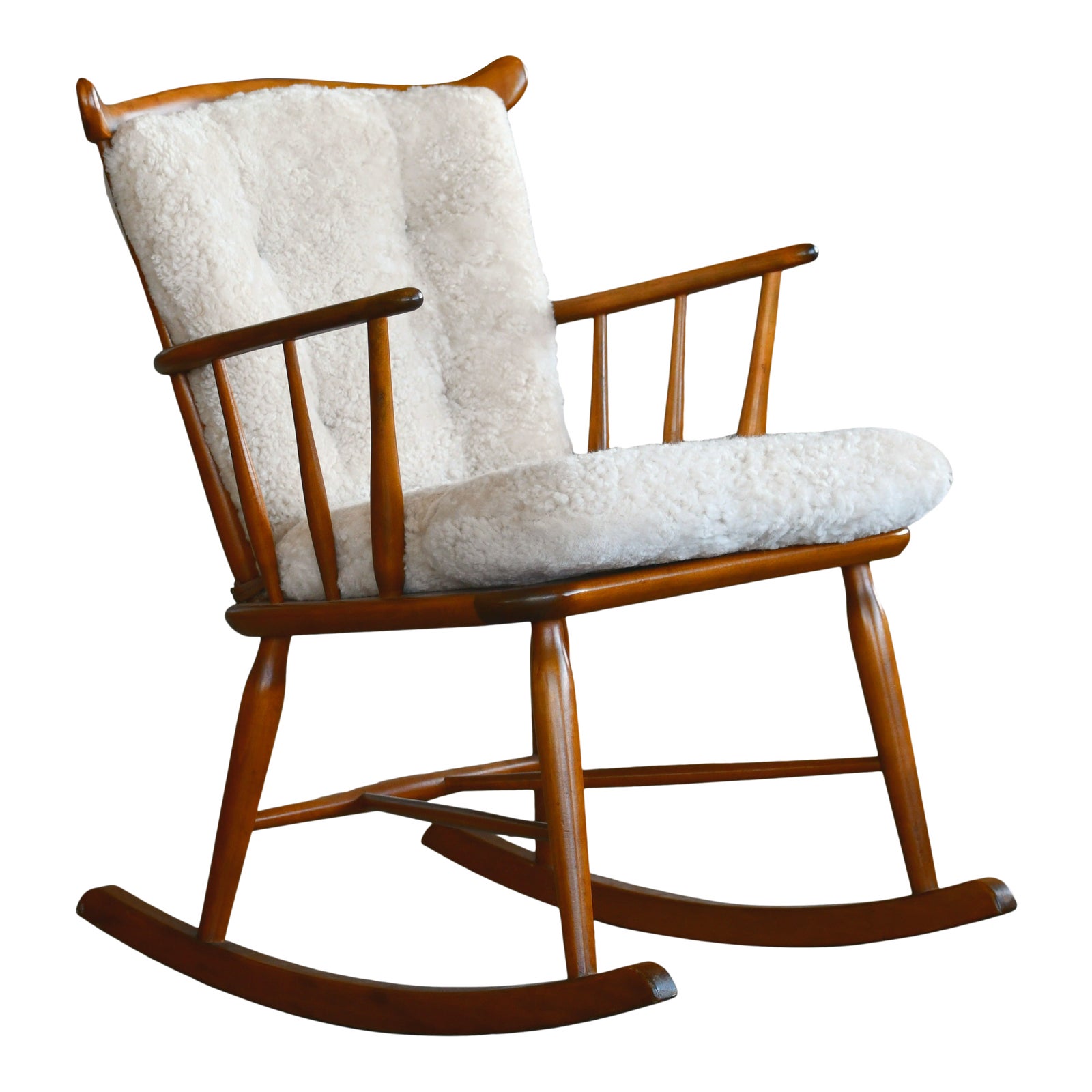 Faarstrup 1950 Low Spindle Back Rocking Chair With Shearling Cushions