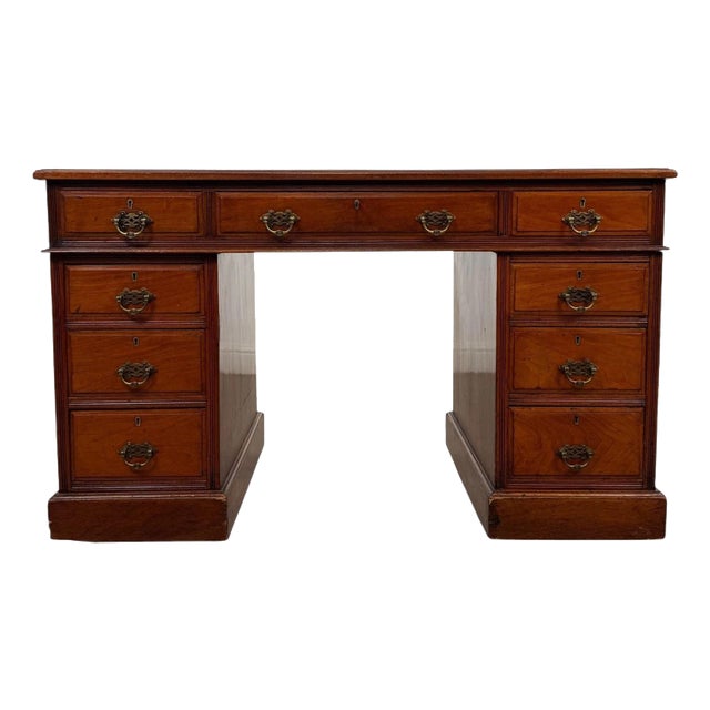 Antique English Walnut Pedestal Desk with Blue Leather Top For Sale