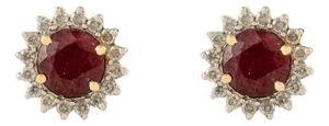 1.22 Ct Round Deep Red Ruby Halo Diamond Cluster 14k Gold Stud Earrings- A Pair