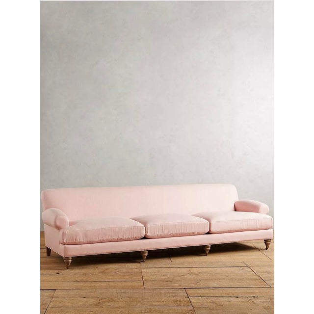 Wood Linen Willoughby Grand Sofa: 3 Cushion Wilcox in Petal Pink, With Wooden Foot Casters For Sale - Image 7 of 9