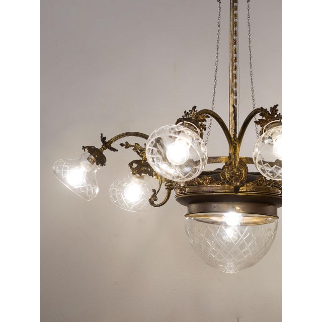 Metal Vintage Art Nouveau Chandelier in Brass and Cut Glass, Italy, 1920s For Sale - Image 7 of 14