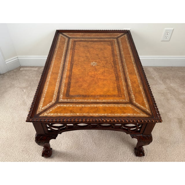 Maitland - Smith 1980s Maitland-Smith Cocktail Table: Tooled Leather, Carved Fretwork, Ball & Claw Feet For Sale - Image 4 of 12