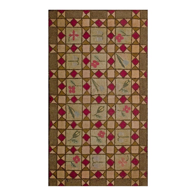 1920s Beige Diamond Roses Antique American Hooked Rug 2'10" X 5'1" Handknotted Wool Carpet For Sale