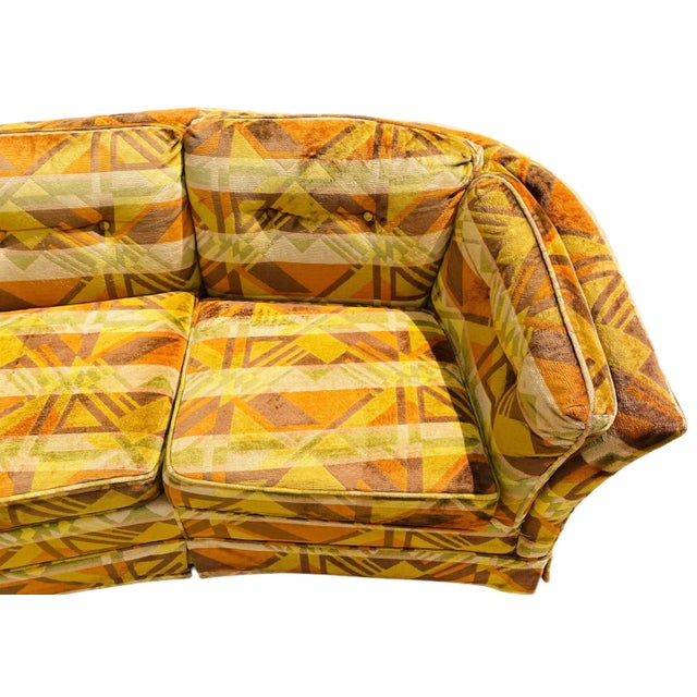 Brown 1960s Mid Century Modern Jack Lenor Larsen Milo Baughman Style for Flexsteel Geometric Curved Tuxedo Loveseat Sofa For Sale - Image 8 of 12